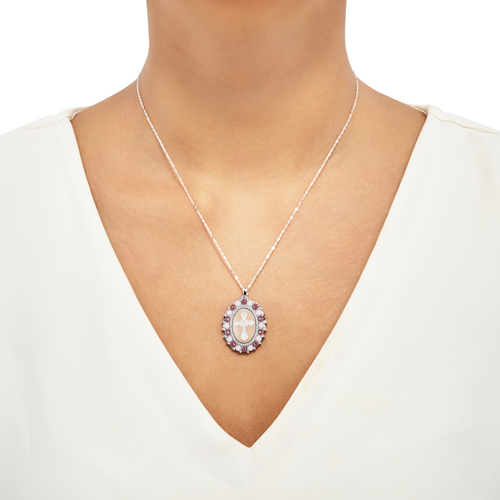 Finecraft Pearl Cameo Cross Necklace with Crystals in Sterling Silver, 18"