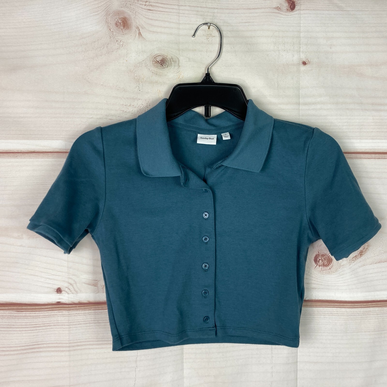 Sunday Best Top Womens Small Blue Crop Button Up Shirt Short