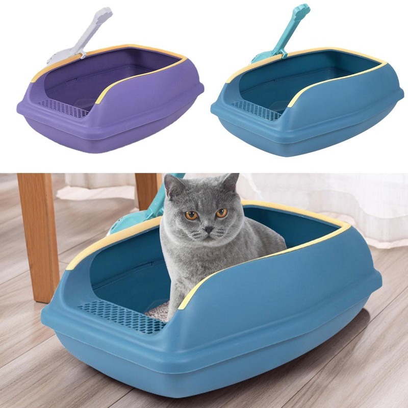Semi Enclosed Litter Box With High Sides Movable Fence Open Top