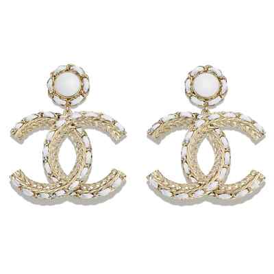 Pre-owned Chanel 22s Xl White Leather Gold Cc Logo Chain Dangle Drop Statement Earrings