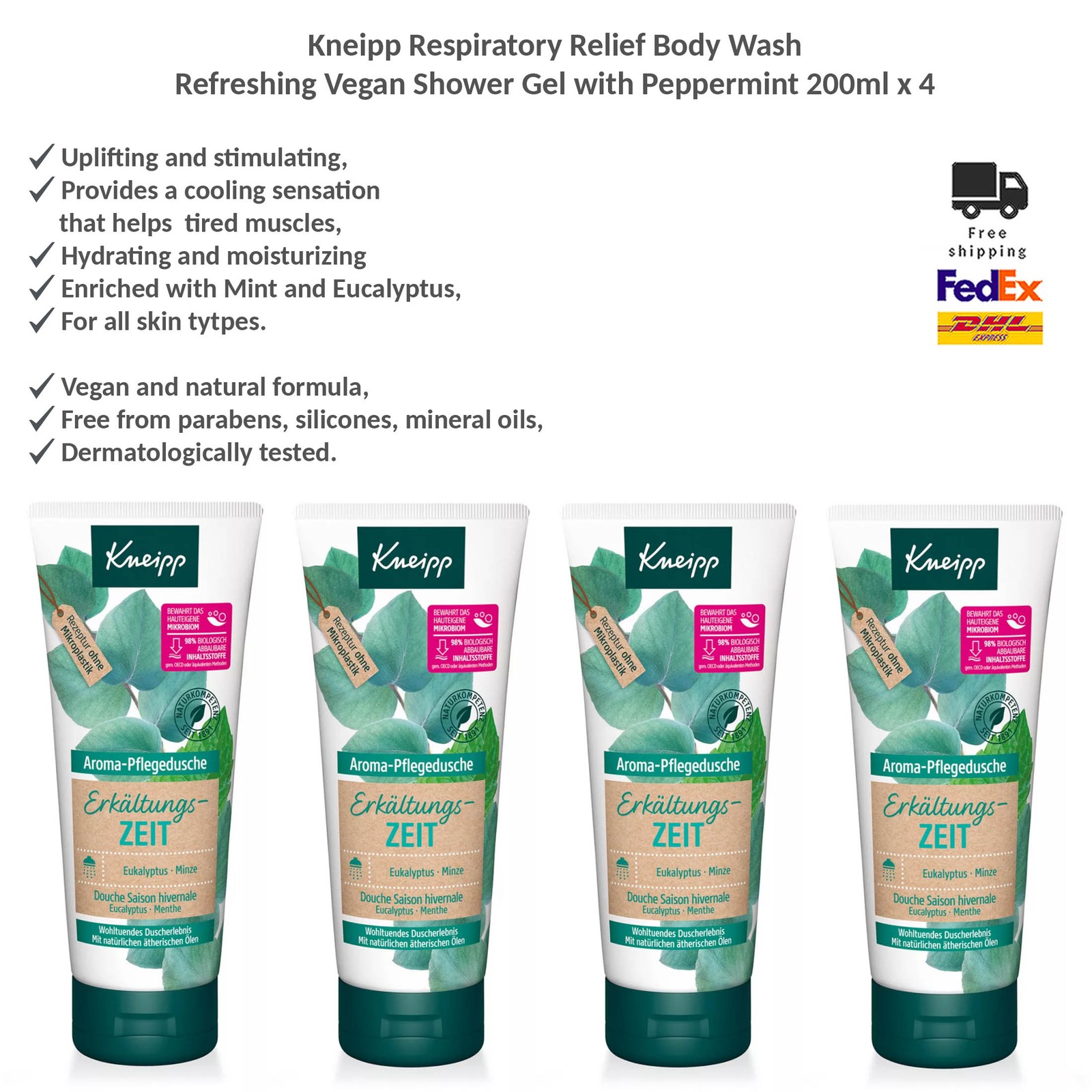 Kneipp Aloe Vera Aroma Body Wash Moisturizing Skincare Vegan Shower Gel 4x200ml