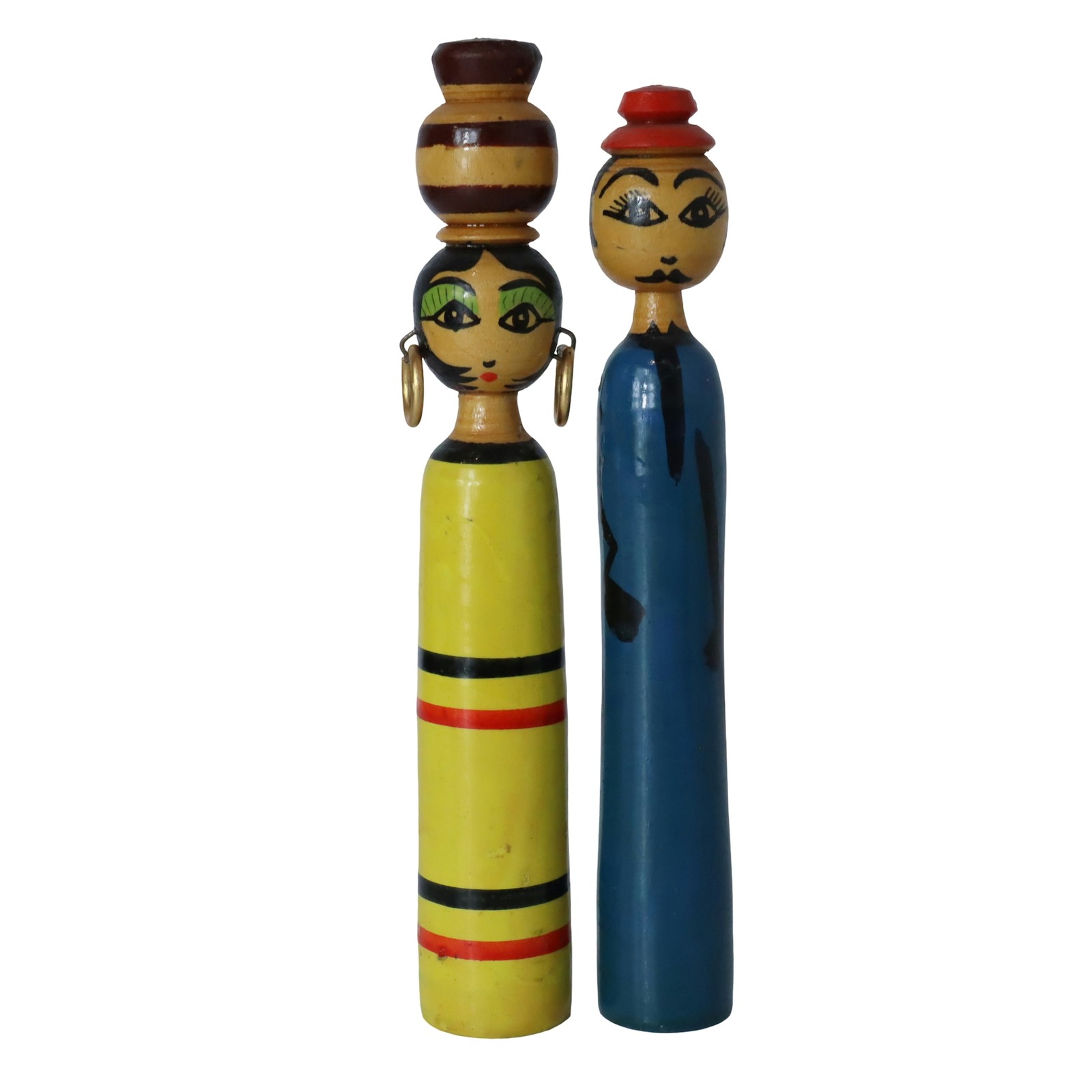 Vintage Egyptian Spindle Dolls Folk Art Hand Painted Wooden Couple