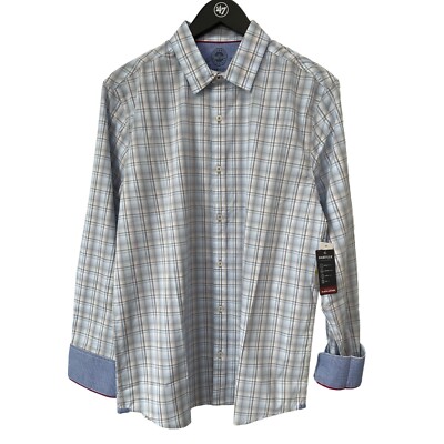 Flag and Anthem Mens MadeFlex Blue Gray Plaid Button Down Shirt Size M Wicking