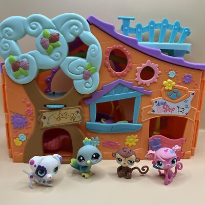 2007 Littlest Pet Shop Orange LPS Treehouse Playset Club House With 4 Pets