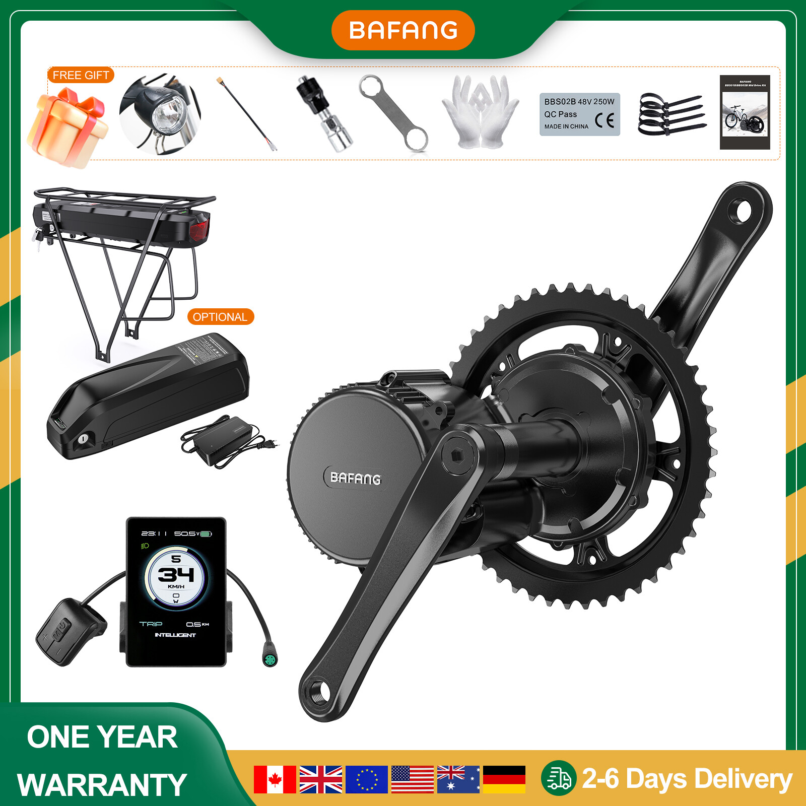 Electric Bike BAFANG 48V 750W BBS02B Mid Drive Motor Conversion Kit 20Ah Battery