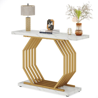 Faux Marble Wood Console Table with Geometric Metal Base, Modern Entryway Table