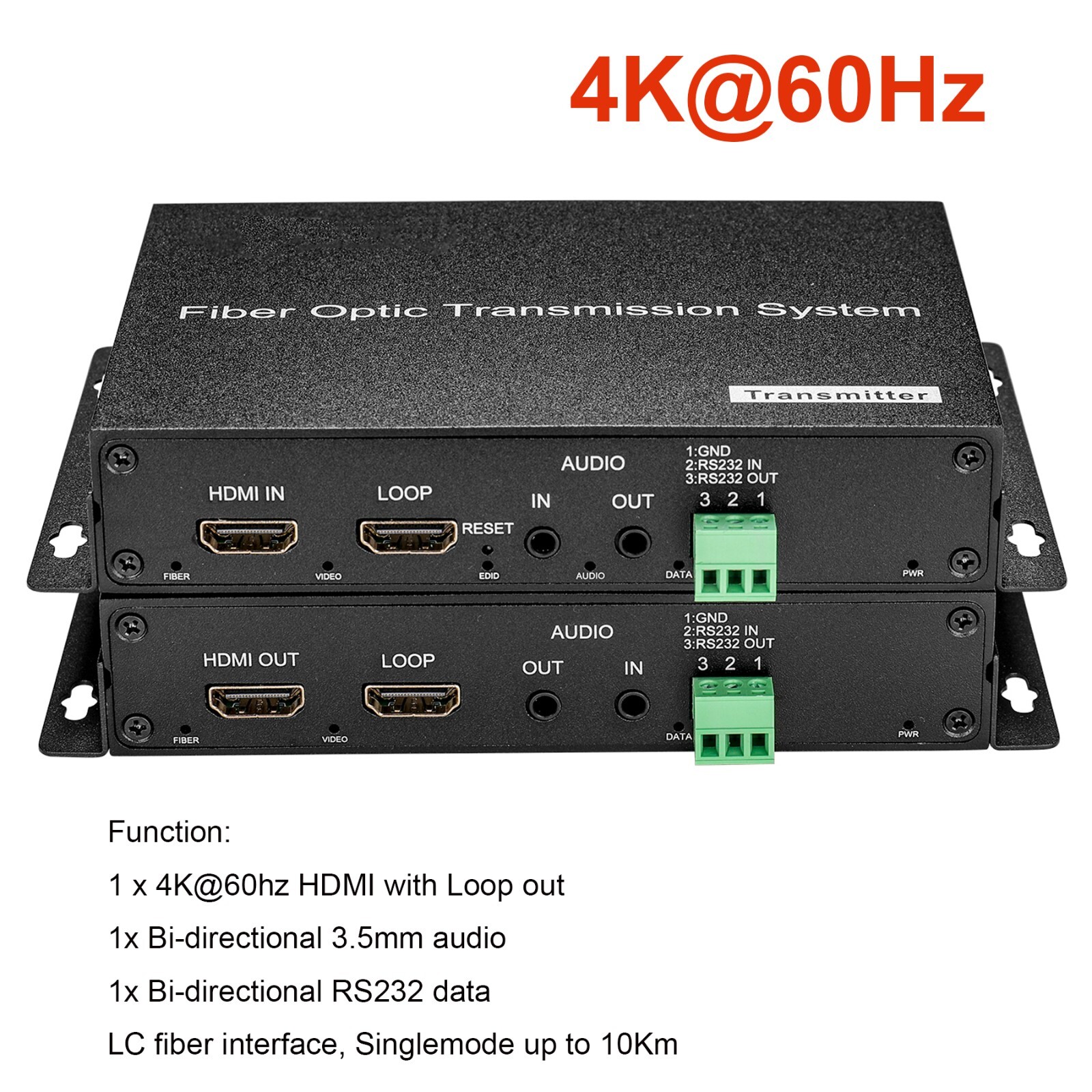 4K HDMI Fiber Extender With RS232 & Audio - 20km Range Over Single Fiber SFP