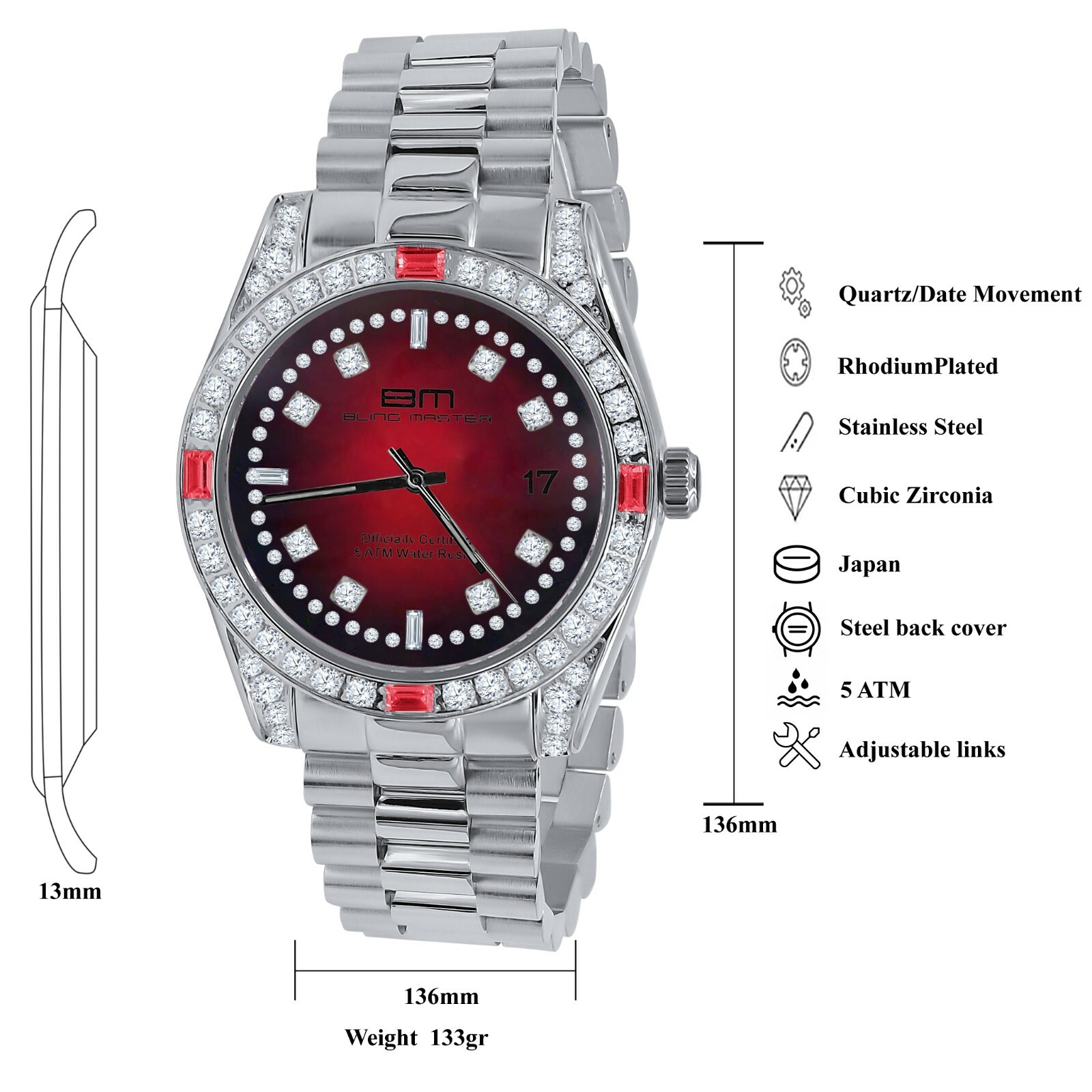 Pre-owned Bling Master - Majesty Solid Steel 18k White Gold Red Dial Simulated Diamond Mens President Watch 40mm