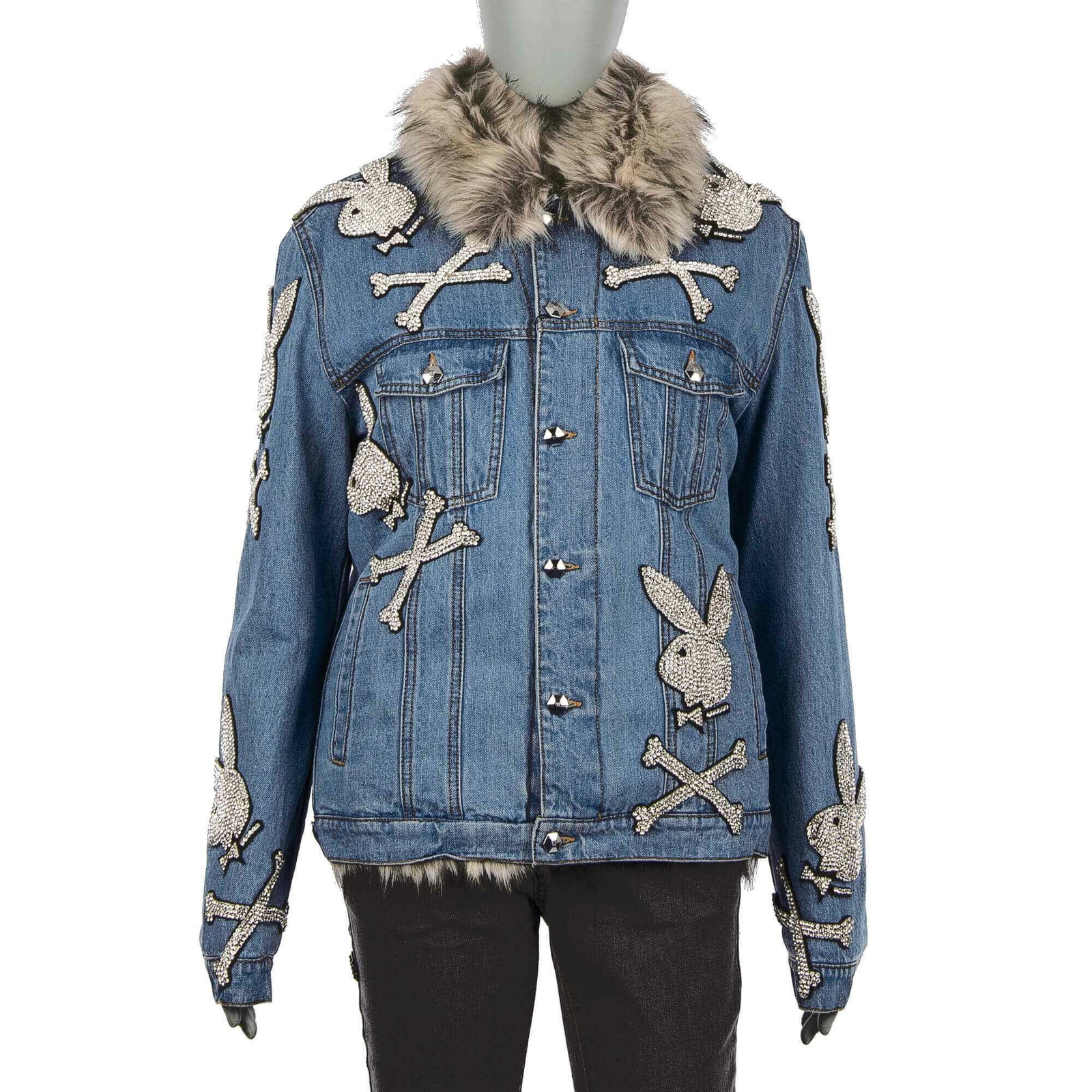 

Длинная меховая джинсовая джинсовая куртка PHILIPP PLEIN x PLAYBOY CRYSTAL Blue SL 08683, Синий