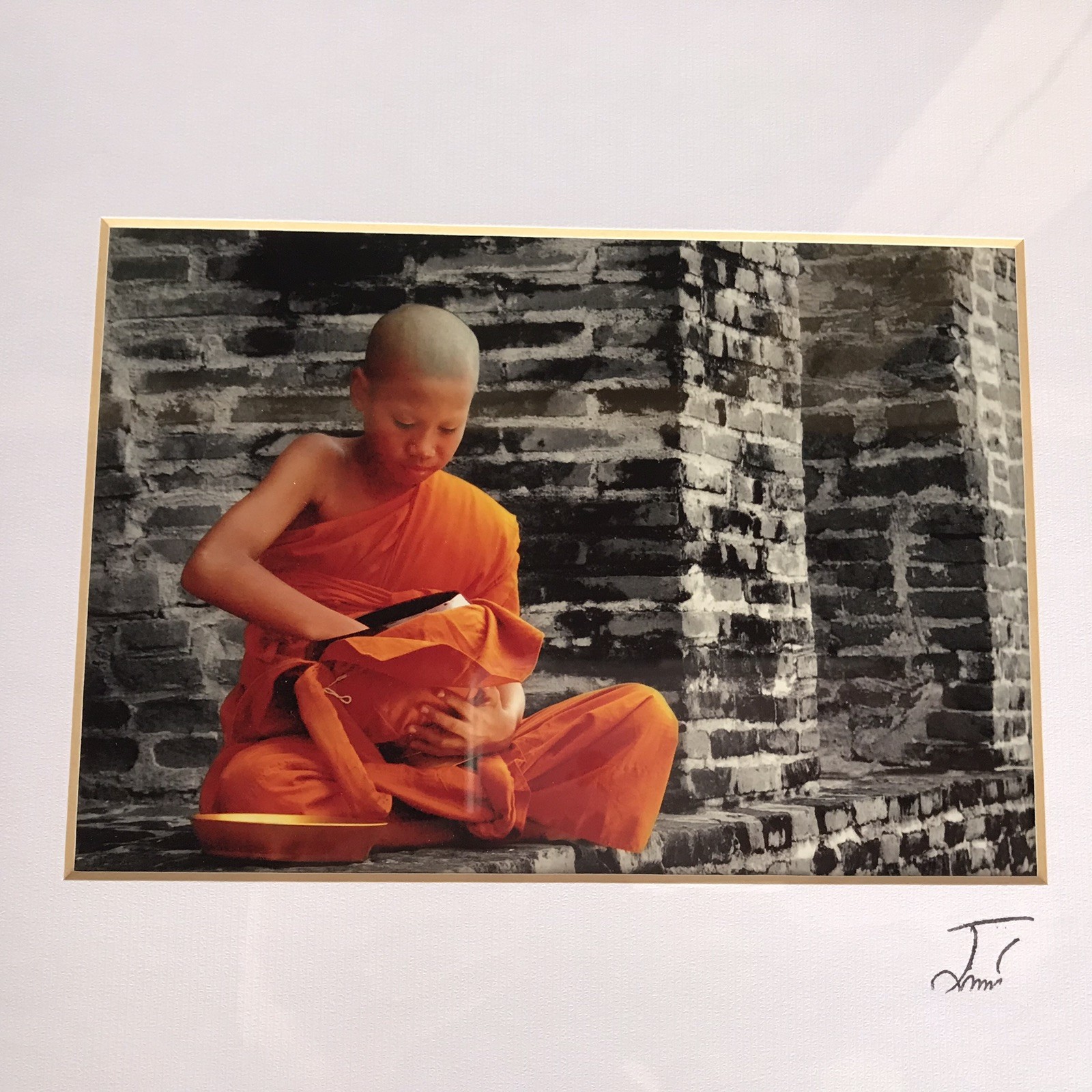 Framed Photograph Thailand Monk Bowl Temple Orange Signed Thai Art Wall Hanging