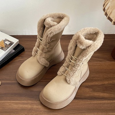 Women's Spring And Autumn Winter Tie Down Mid Tube Snow Boots High End Plus