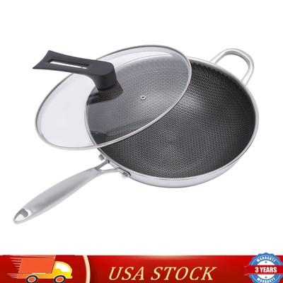 Non Stick Double Sided Honeycomb Cooking Frying Wok Pan With Lid Stainless Steel