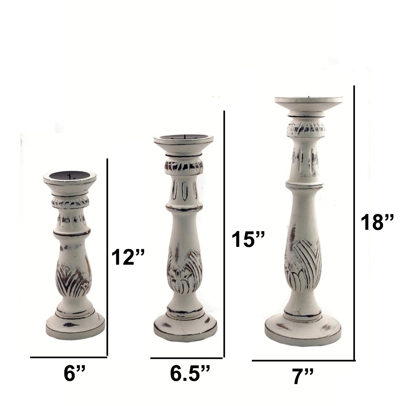Benzara Distressed Finish Wooden Pillar Shaped Candleholder, Set of 3, White