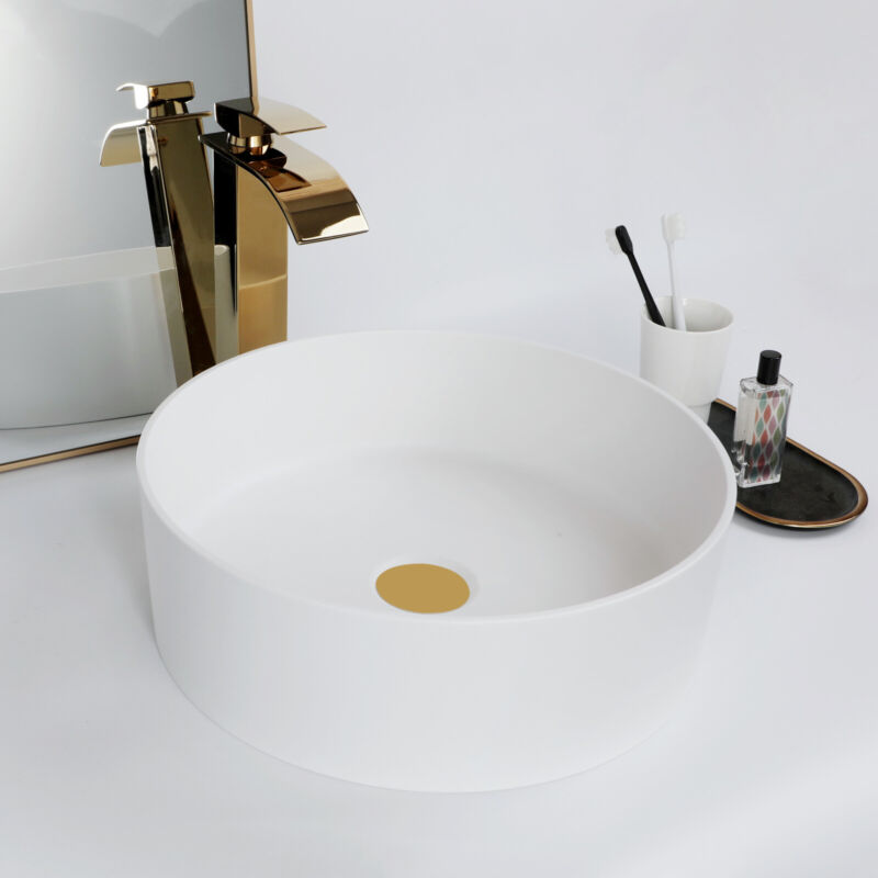 Round Bathroom Stone Vessel Sinks Combo White Mixer Gold Faucet Pop Drain
