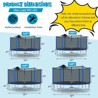 16FT Outdoor Large Trampoline Safety Enclosure Net w/ Basketball Hoop Stepper