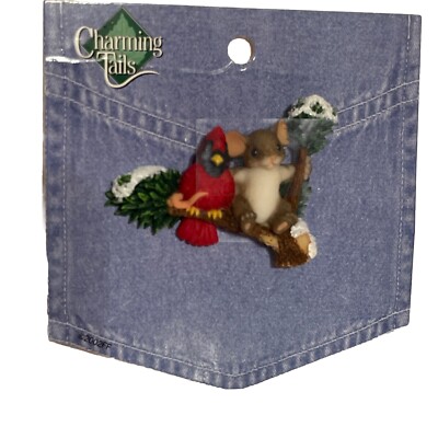 Charming Tails Pin Mackenzie Mouse Cardinal Snow Branch Fitz & Floyd 2002 Denim