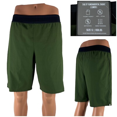 Fabletics Mens Small Shorts 9'' Fundamental Lined Stretch Green Athletic NWT