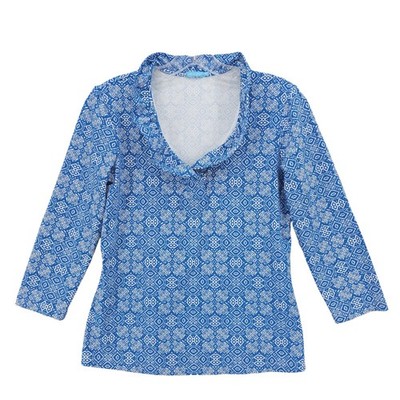 J. McLaughlin CATALINA CLOTH 3/4 Sleeve Top Stretch Ruffle Neckline SMALL