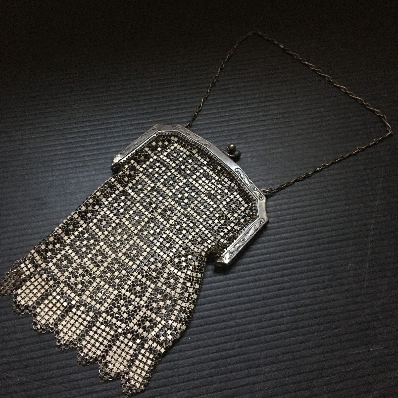 Antique Whiting & Davis El Sah Metal Mesh Purse Bag w/ Engraved Silver Frame
