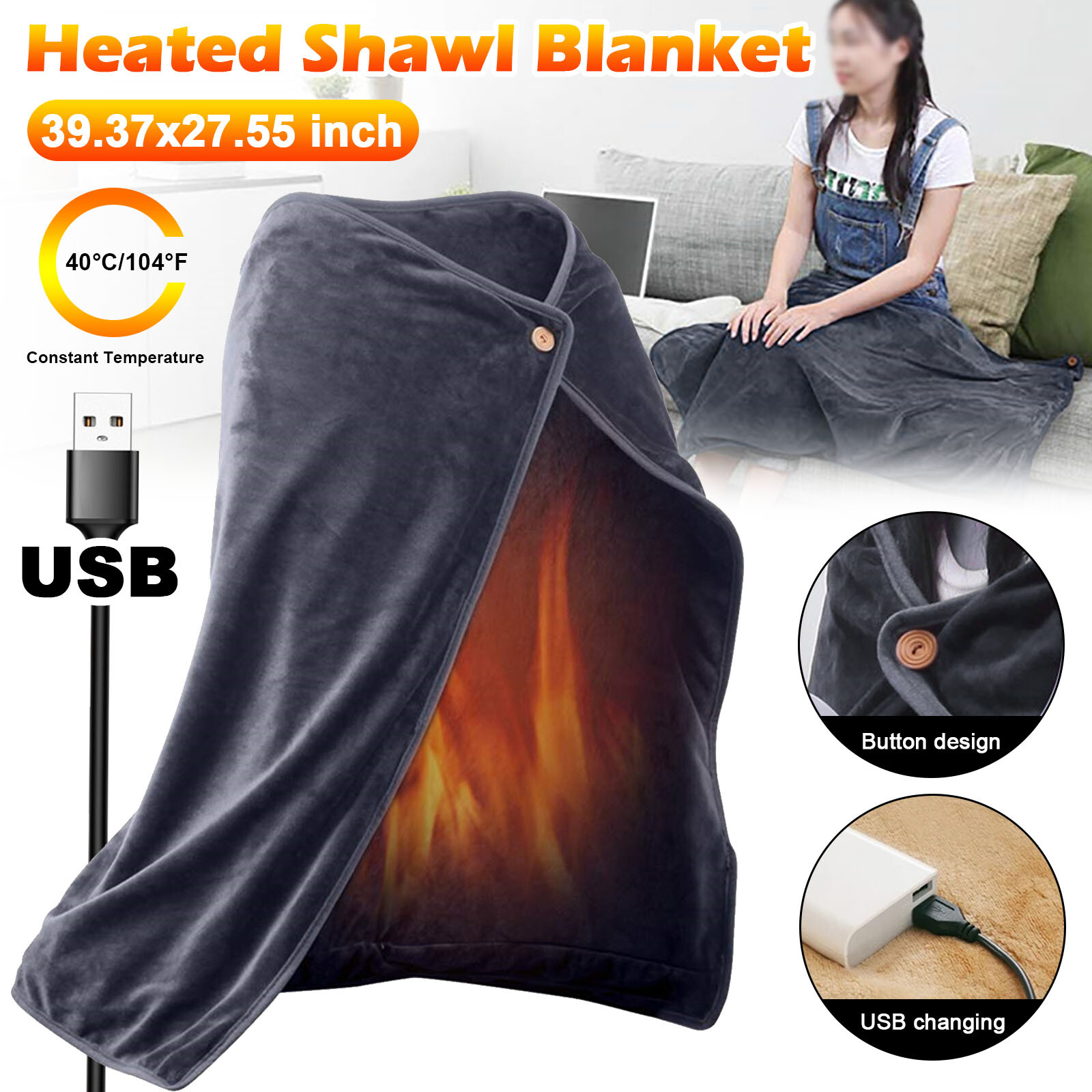 Portable USB Rechargeable Heated Electric Blanket Winter Warming Shawl Gray