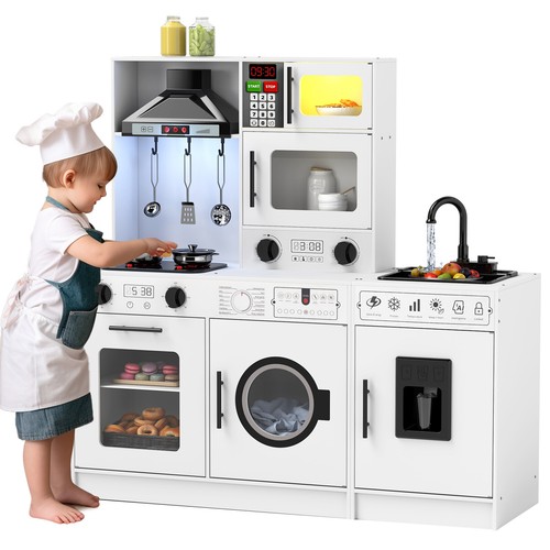 JOYLDIAS White Kid Pretend Play Kitchen Set Wooden Toy Running Water,Sound,Light