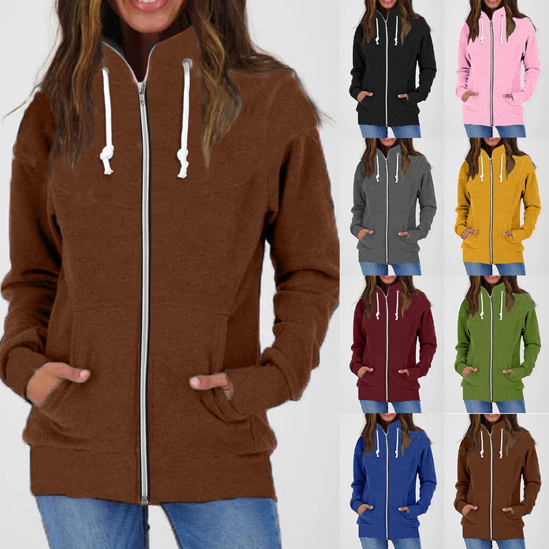 Women Autumn Winter Long Sleeve Fleece Warm Stand Collar Solid Full Zip Jacket