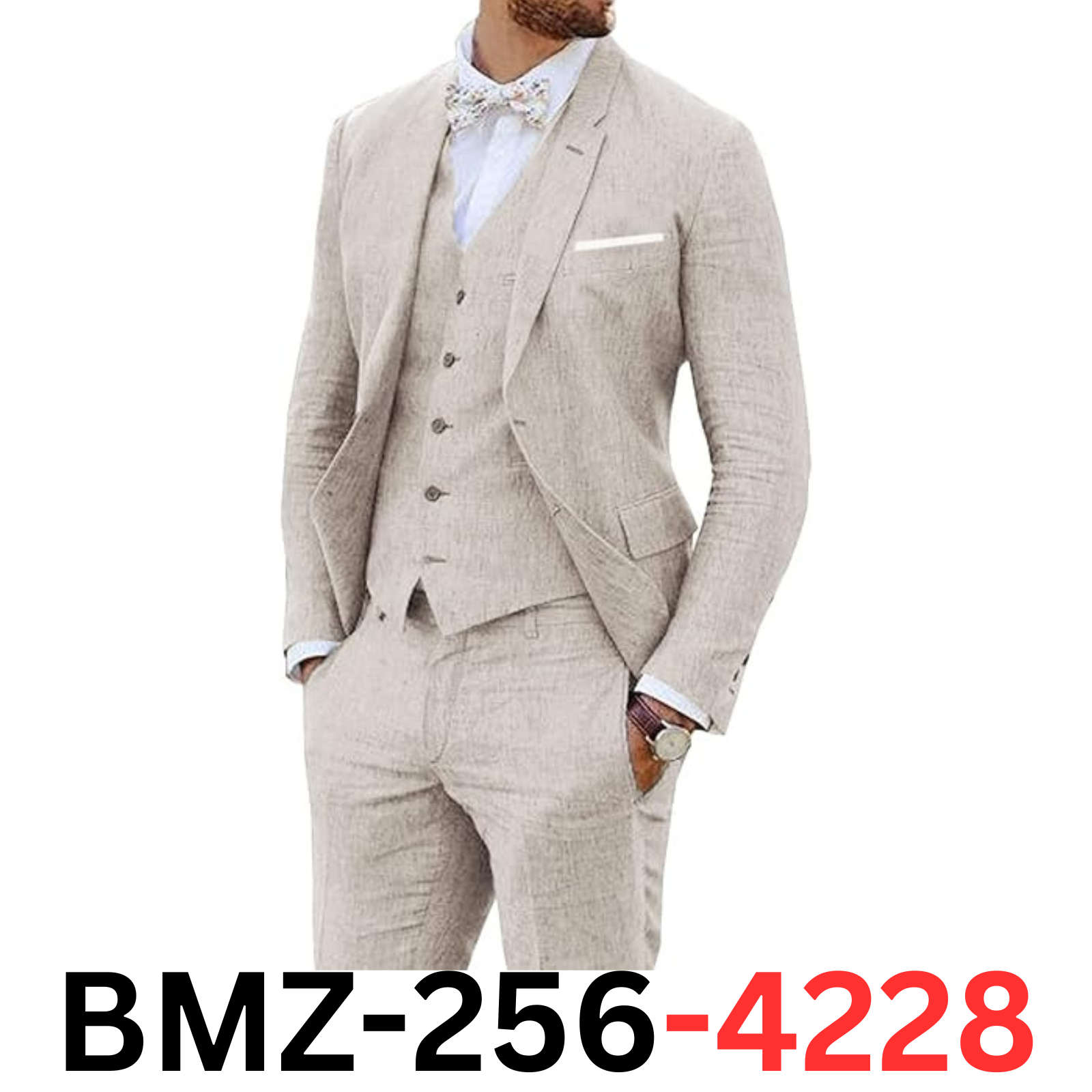 Furuyal Linen Suit 3 Pieces Vintage Retro Wedding Prom Suits Slim Fit Jacket, L