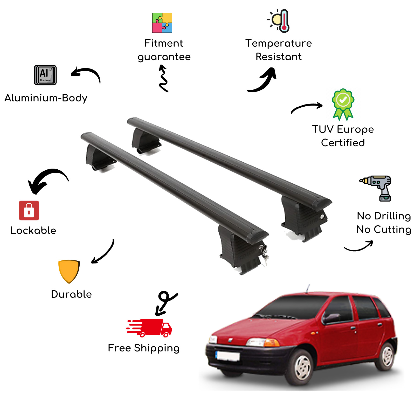 Bare Roof Rack Cross Bars Set for FIAT Punto I 176 5 Door 93-99
