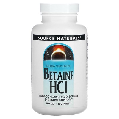 Source Naturals Betaine HCL 650 мг 180 таблеток, без яиц, без глютена, нет