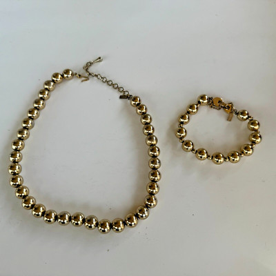 Monet Gold tone Beaded Necklace Chocker Bracelet Set Metal Safety Chain  7.5''