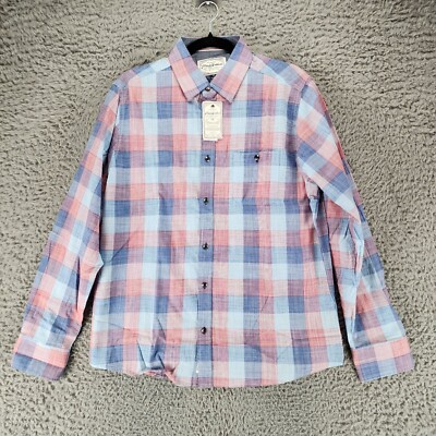 Flag & Anthem Shirt Mens Medium Blue Pink Plaid Long Sleeve Button Up *NWT*