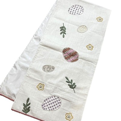 Pastel Beaded Easter Egg Spring Flowers Table Runner Linen Crewel 16 x 72''
