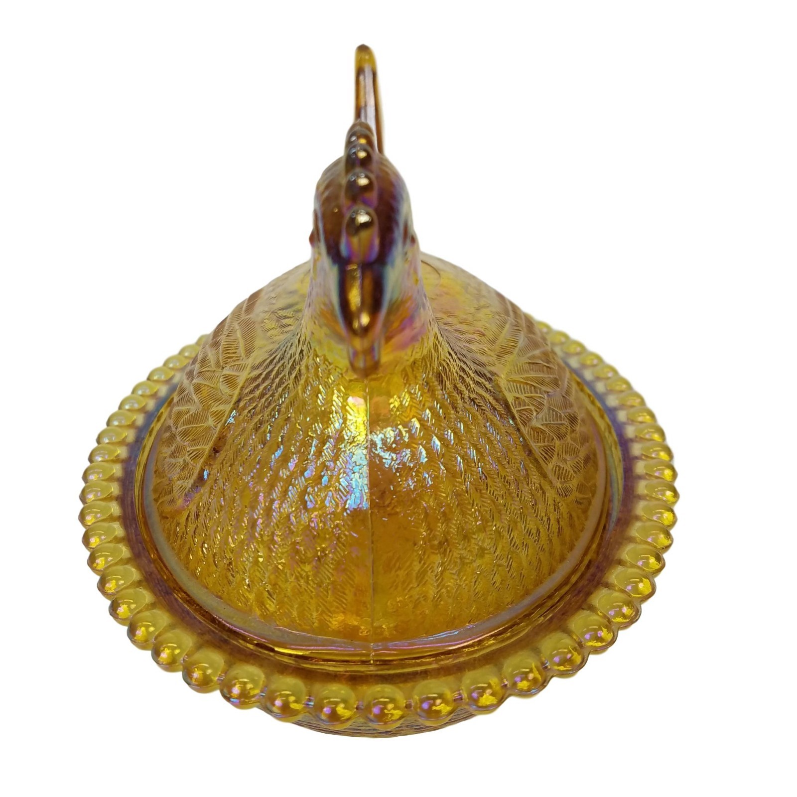 Vtg Indiana Iridescent AMBER Carnival Glass HEN Chicken Covered Candy Dish 7