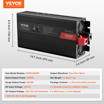 VEVOR Pure Sine Wave Power Inverter 2000W DC12V to AC120V LCD Remote Control CE