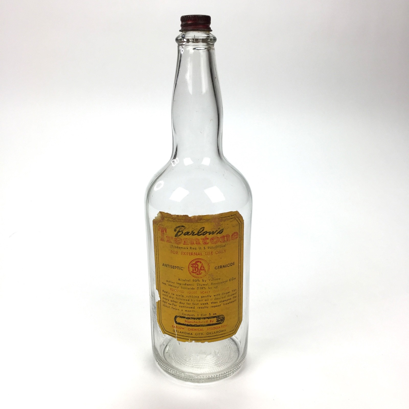 Vintage Barlows Tremtone Hair Tonic Glass Bottle Label, Pint, Barber Shop