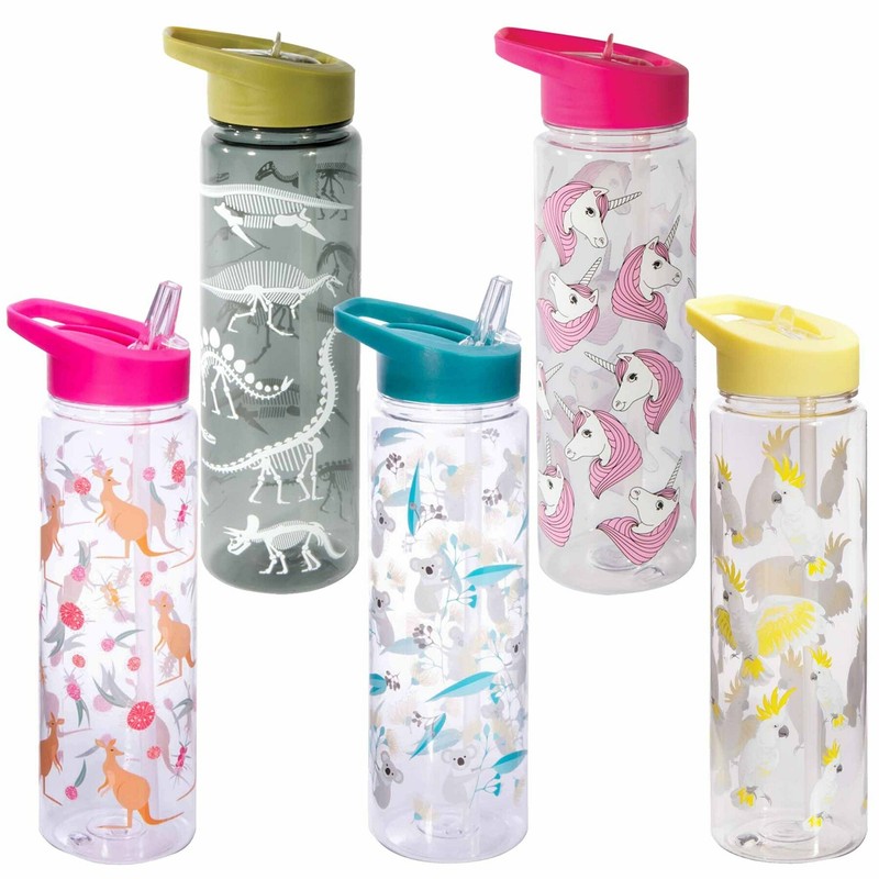 WATER DRINK BOTTLE w/ FOLDING STRAW - Animal Designs -