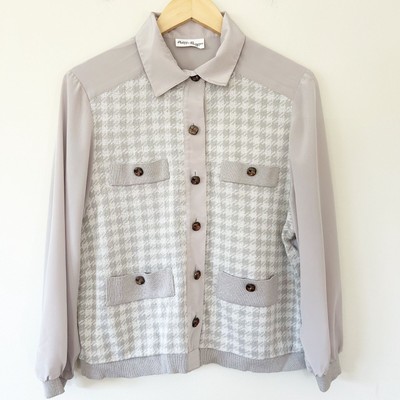 Vintage Gray Houndstooth Blouse Gold Button Blouse Women's Medium Petite