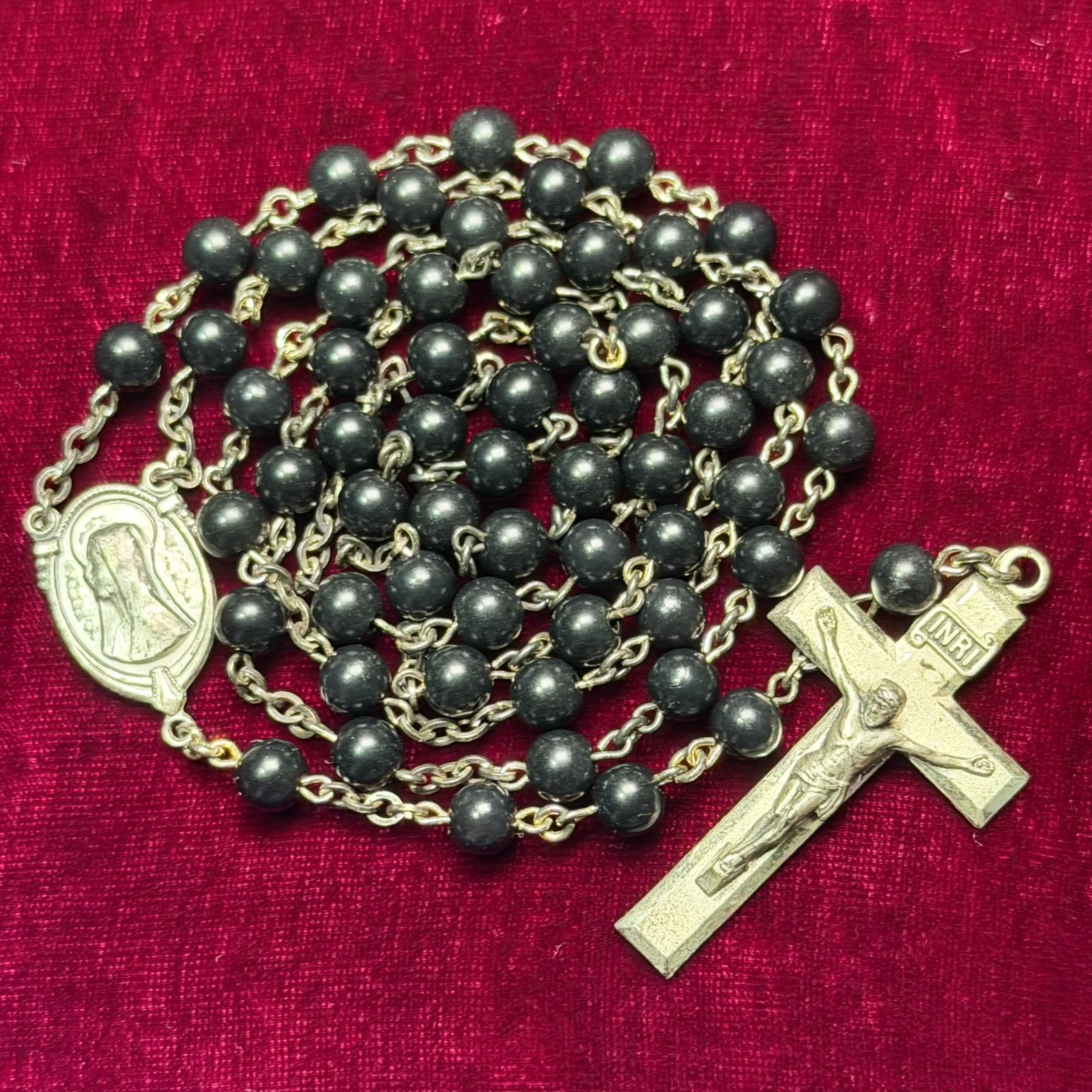 Vintage Sterling Silver Ebony Wood Bead Catholic Rosary by Swift and Fisher 19"