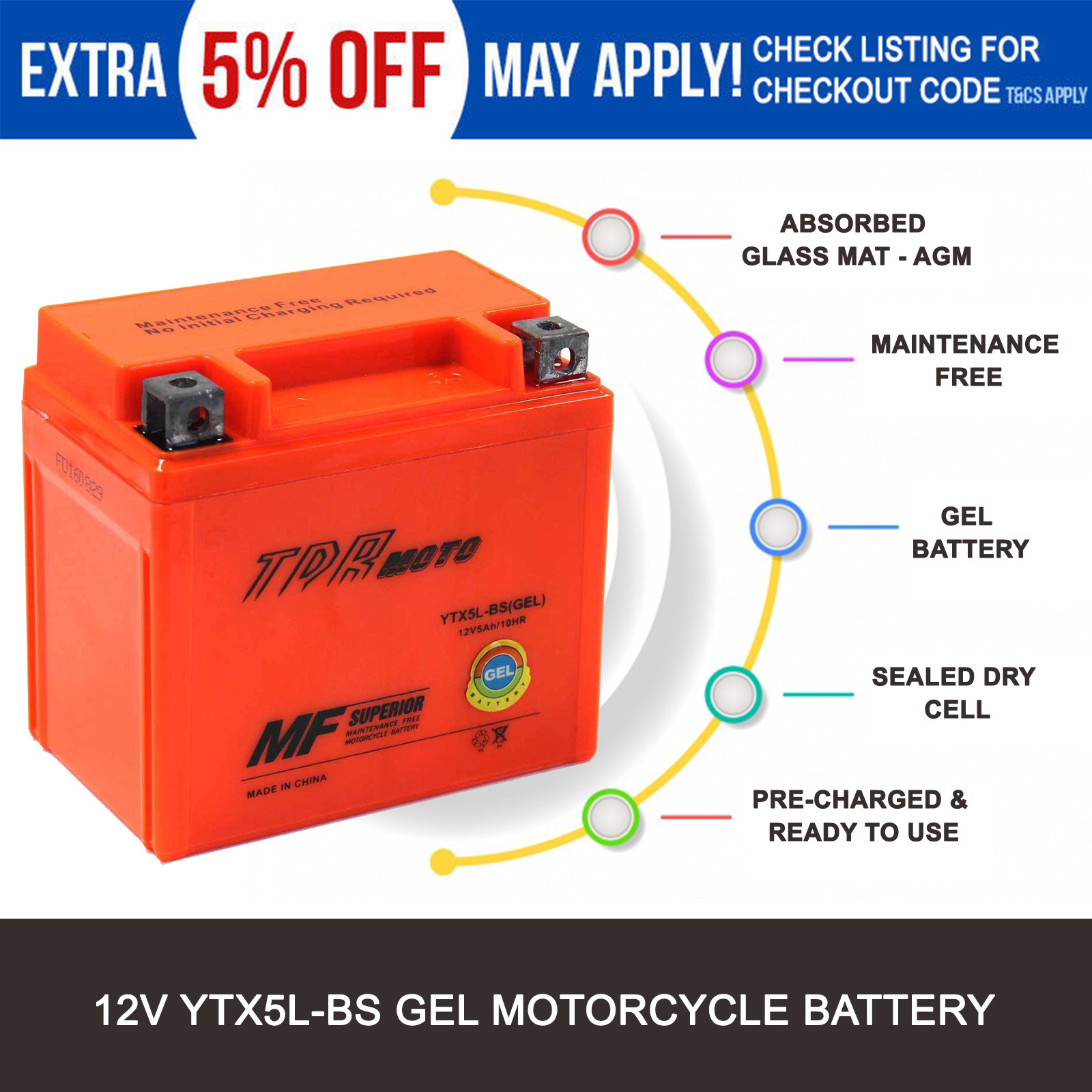 AGM GEL BATTERY FOR 2002-2007 HONDA XR250L XR250 YTX5L-BS YTX5LBS MG5L-
