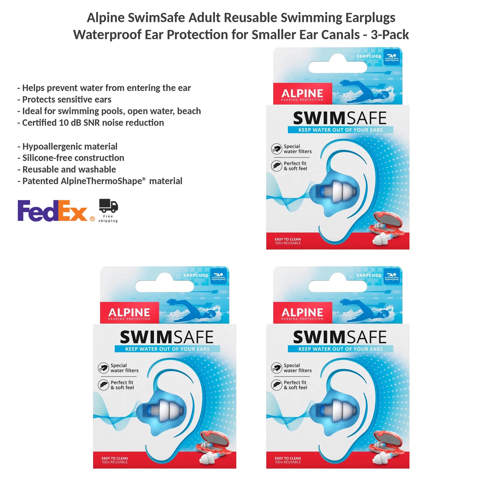 Alpine SwimSafe Swimming Earplugs Waterproof Reusable for Adults 10db SNR x3