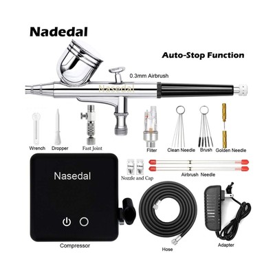 Nasedal Airbrush kit with Auto-stop Air Compressor 0.3mm Dual-Action Air Brus...