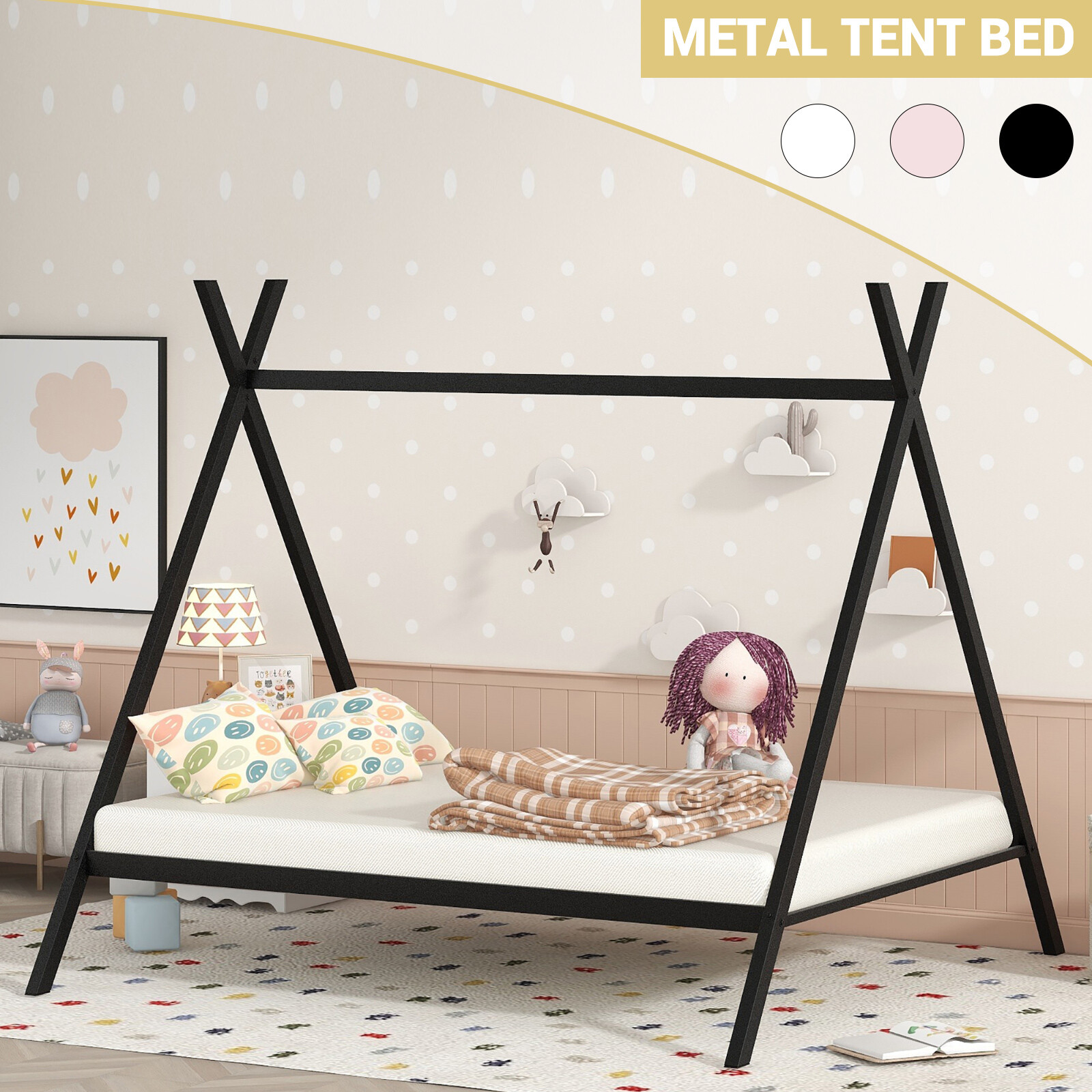Full Size Metal Floor Play House Bed With Slat For Kids
