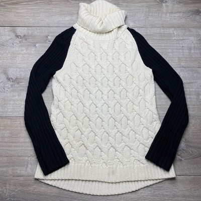 Trina Turk Sweater Turtleneck Womens Cream Black Colorblock Cable Knit Chunky