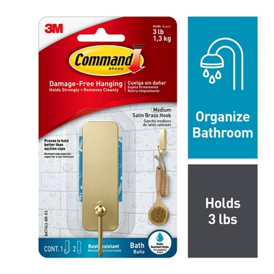 Command Bath Medium Satin Brass Finish, 1 Hook Great for Hanging Towels, Robes
