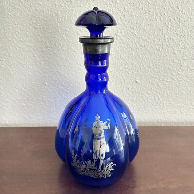 Duncan Miller Gordon Cobalt Blue Glass Decanter Silver Overlay Golfer Golf 1931