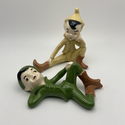 Vintage Pixie Elf Figurines Green And Yellow 40s 50s
