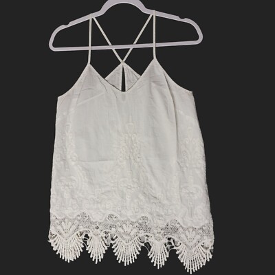 Acemi Womens Lacy Racer Back Crochet Tank Top White Embroidered Lace Trim Sz M
