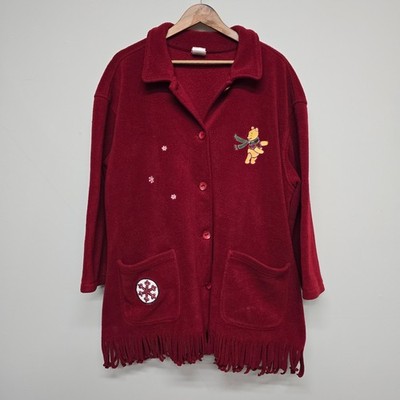 Disney Store Winnie the Pooh Fleece Jacket Women's XXL Red Holiday Fringe