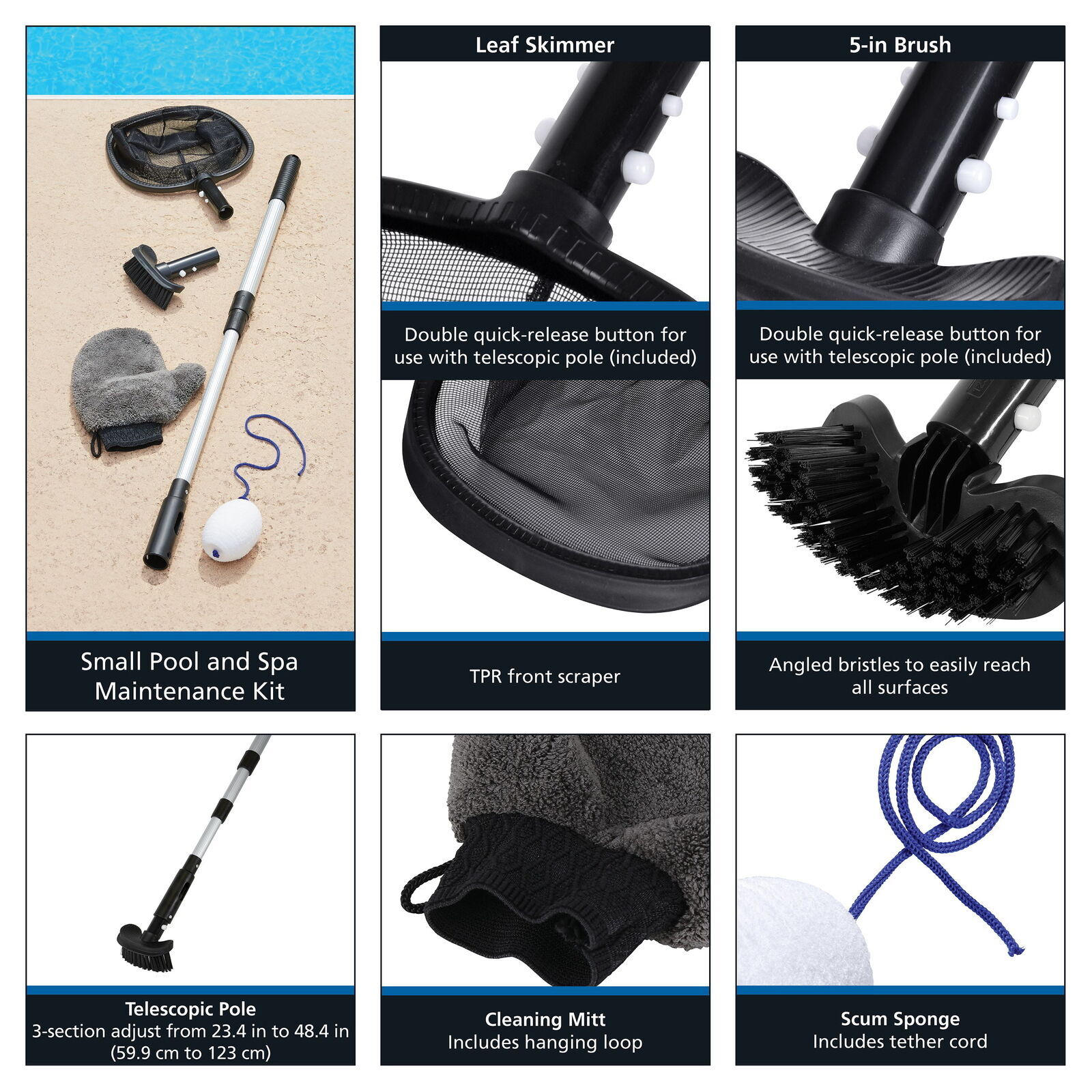 Maintenance Kit 5-Piece Brush Scoop Telescopic Pole Glove Scum Sponge Small Pool