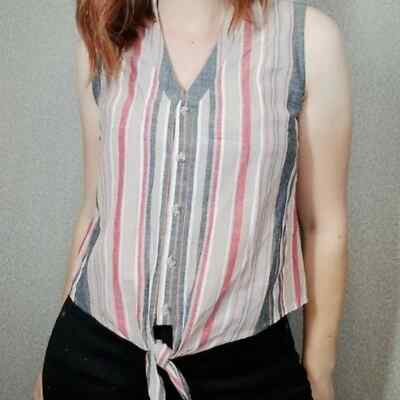 DREW Sleeveless Striped Button-Up Tie Front Blouse Rough Tan Red Combo Medium